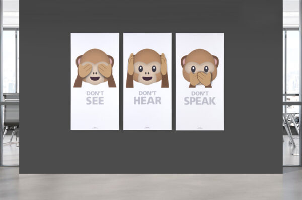 Three vertical frames Mockup hanging on office wall. Mock up of billboards in modern concrete company interior 3D rendering
