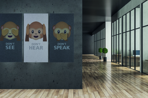 Office interior with blank billboard on gray concrete wall. Workplace and lifestyle concept. Mock up, 3D Rendering