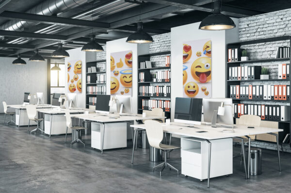 Modern hipster office room with computers, shelves with documents and picture on wall. Workplace and company concept. 3D Rendering